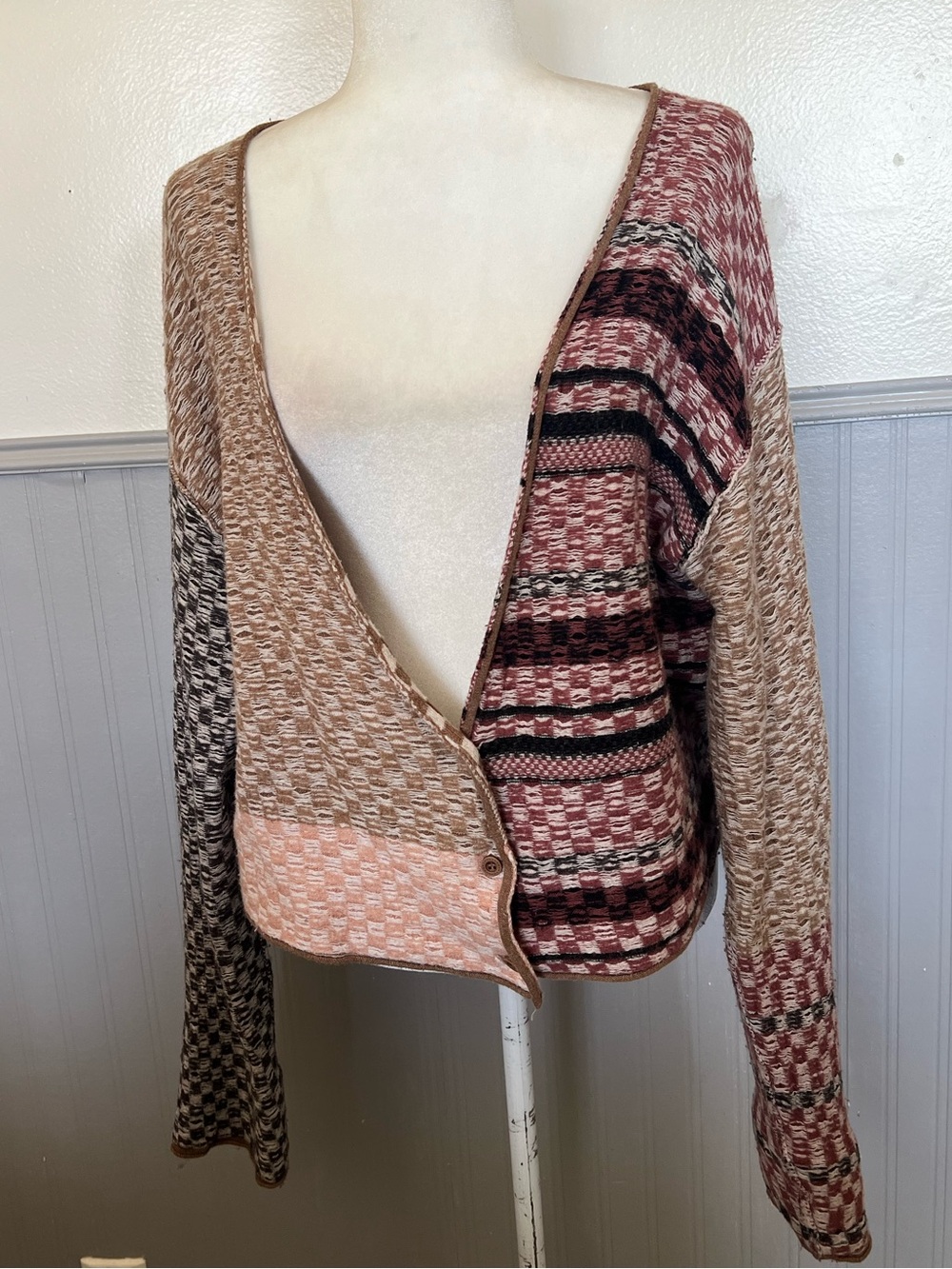 Free People “Ready Set Go” mixed checkered & striped knit Cardigan